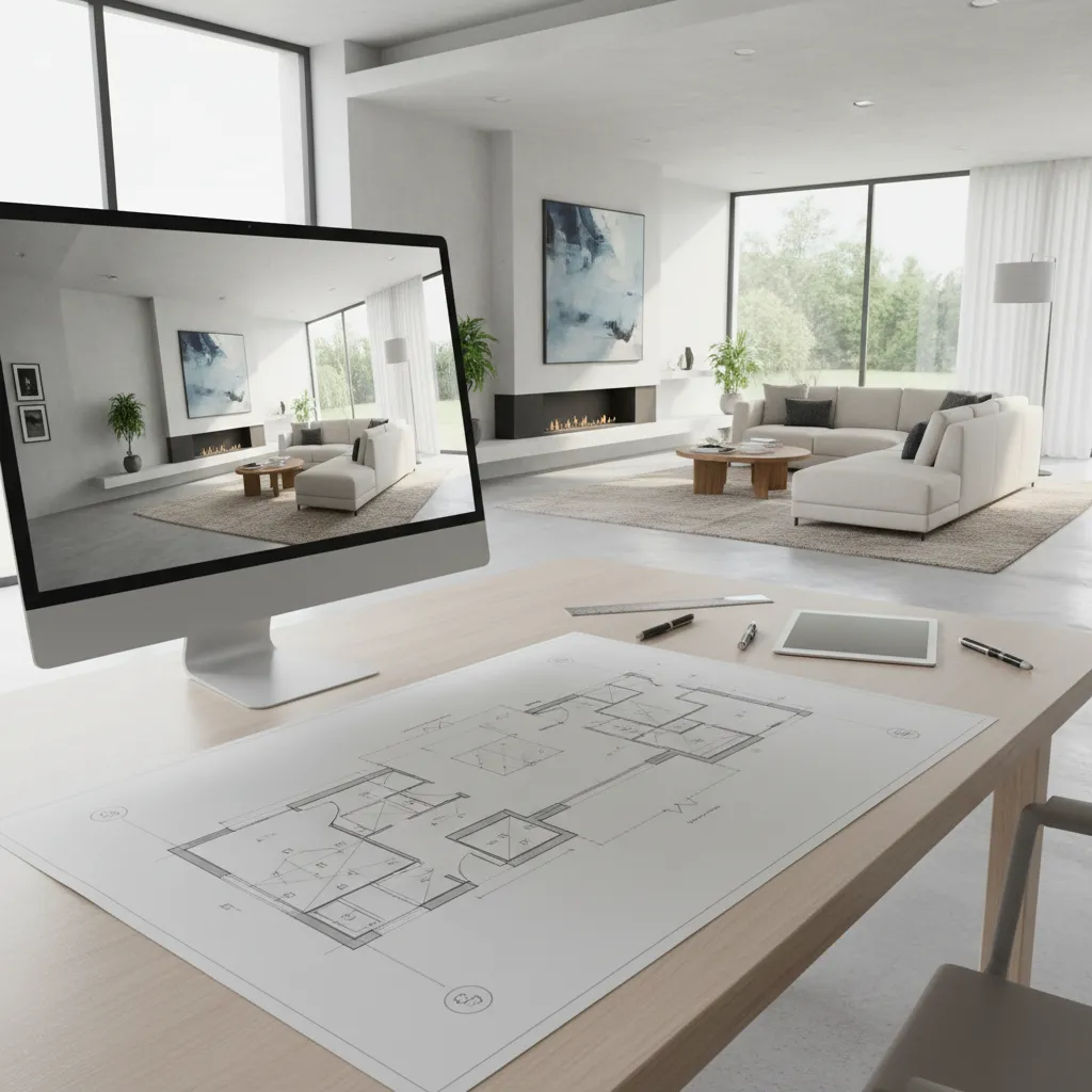 Plano de interior junto a render 3D de una sala moderna
