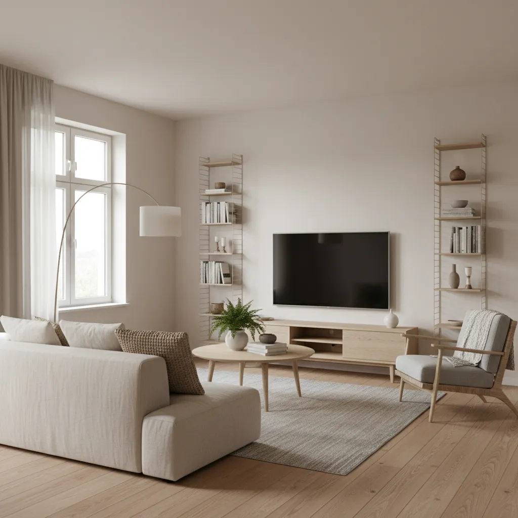 Beige living room featuring cream sofa, wooden TV stand, wall shelves, grey armchair, and lamp