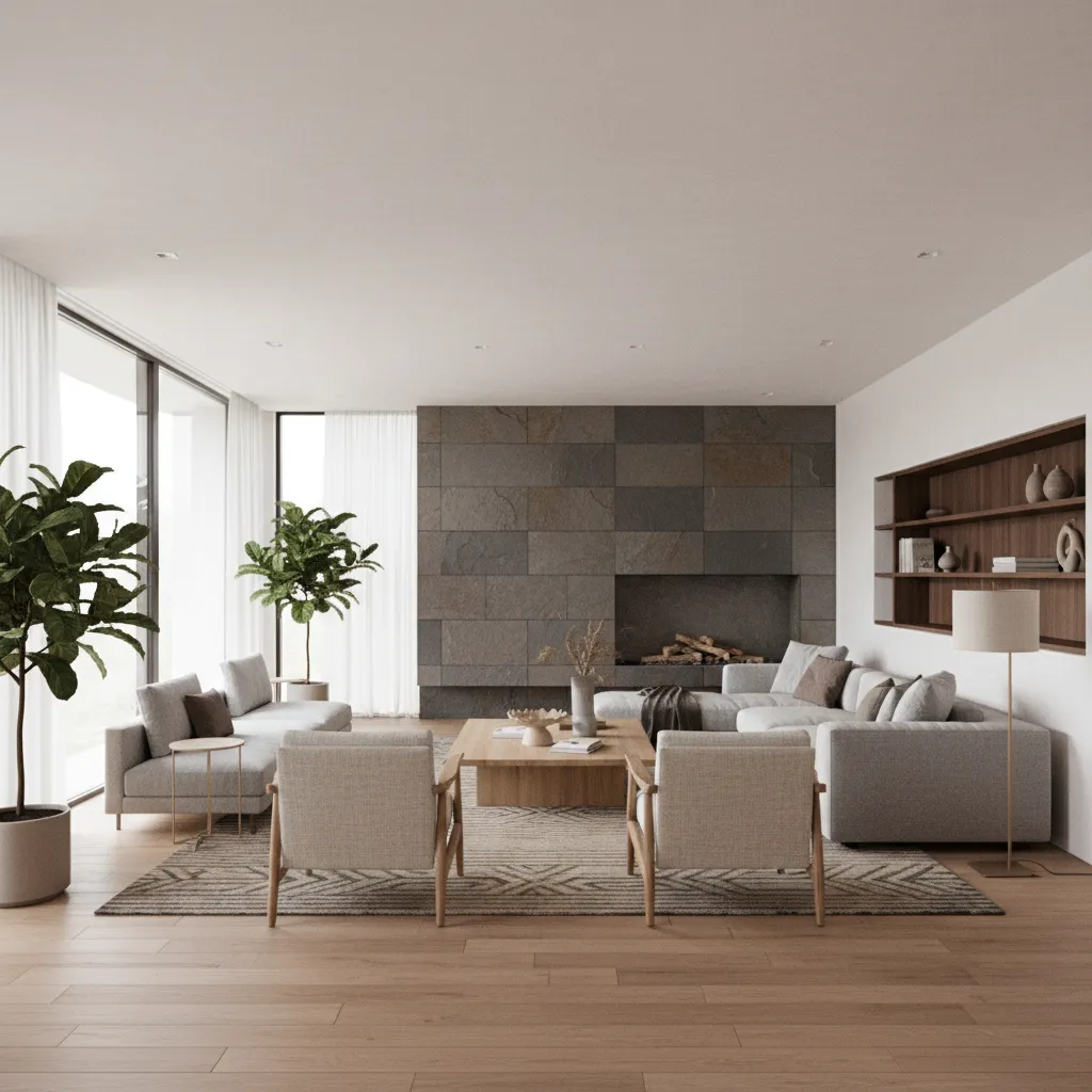 Diseño de salón en modelo 3D con muebles y luz natural