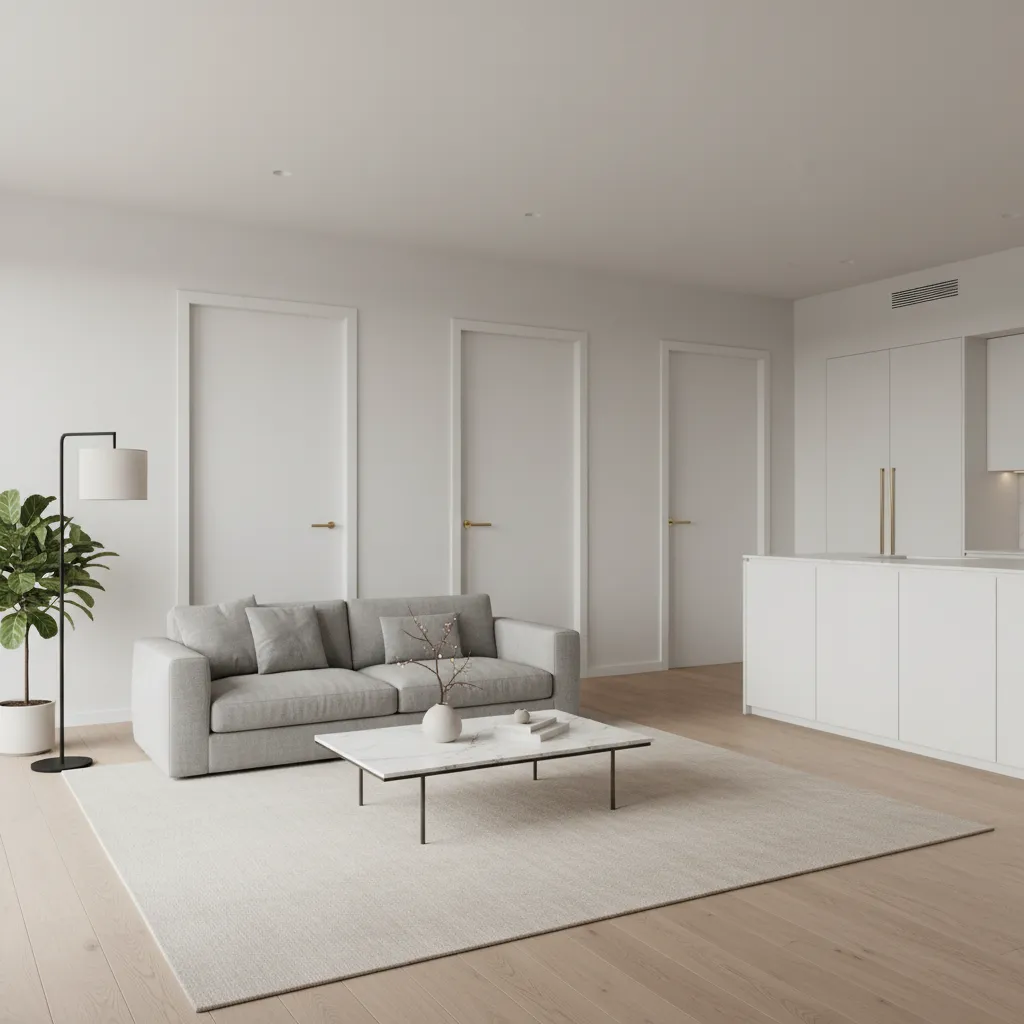Modern living room featuring grey sofa marble coffee table three white doors and tall lamp