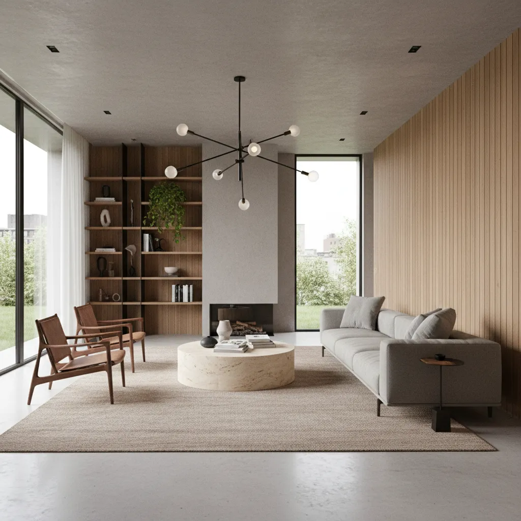 Render 3D realista de un salón diseñado por interiorista