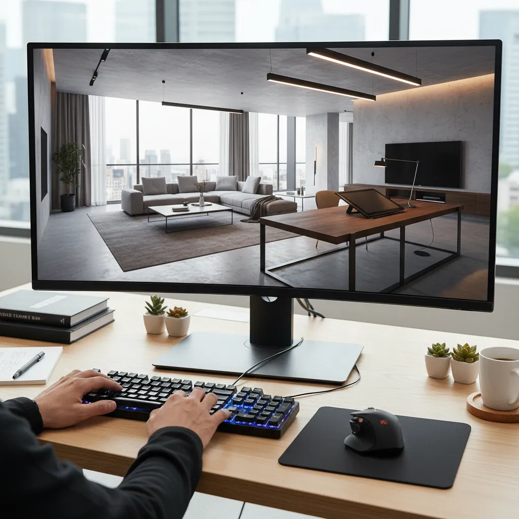 Pantalla de ordenador mostrando renderizado 3D de un salón moderno