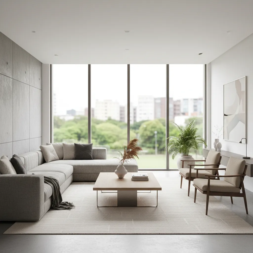 Render realista de sala moderna diseñado en un proyecto de interiorismo