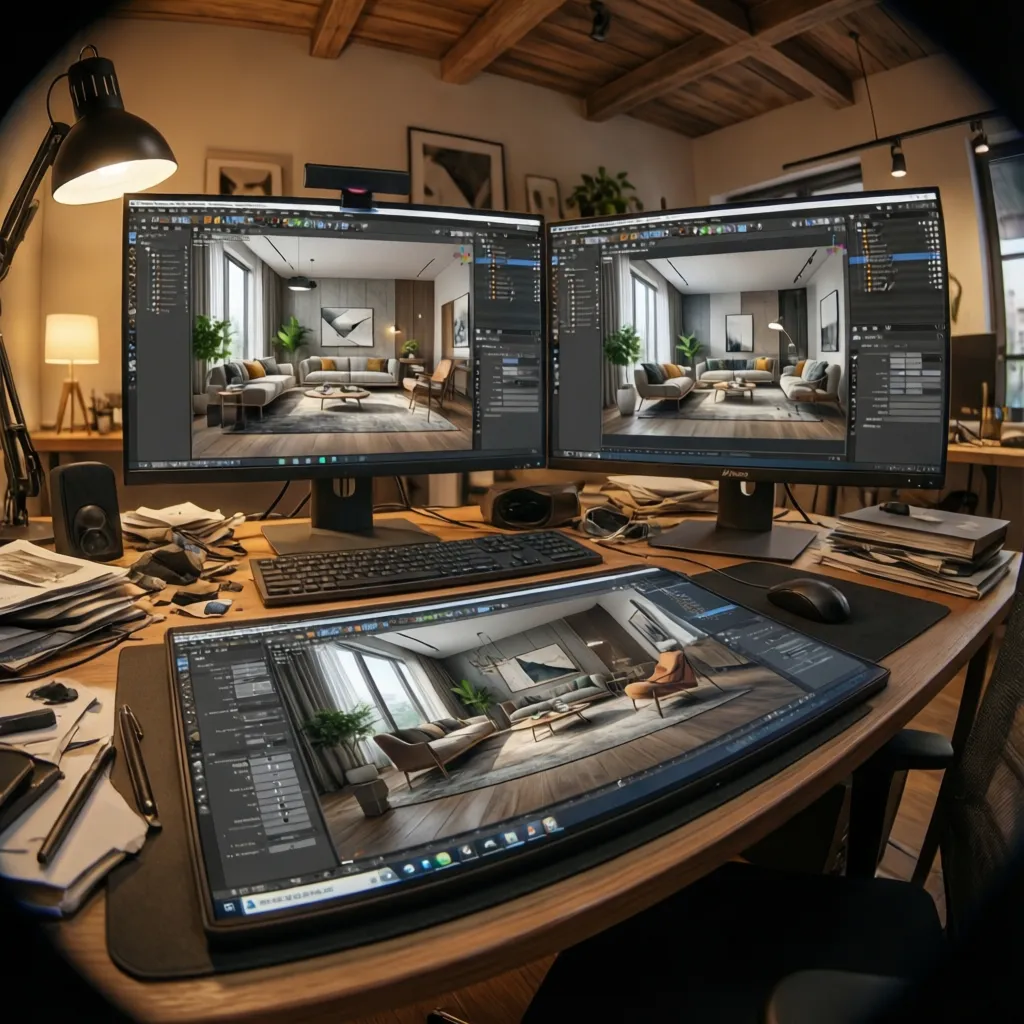 Diseñador creando un render interior en su computadora