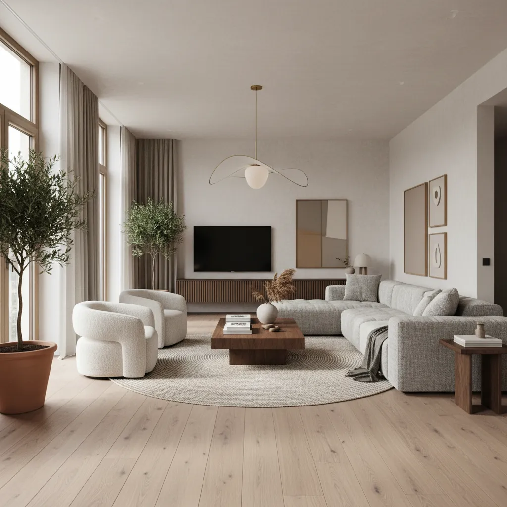 Salón moderno diseñado por un interiorista con materiales naturales