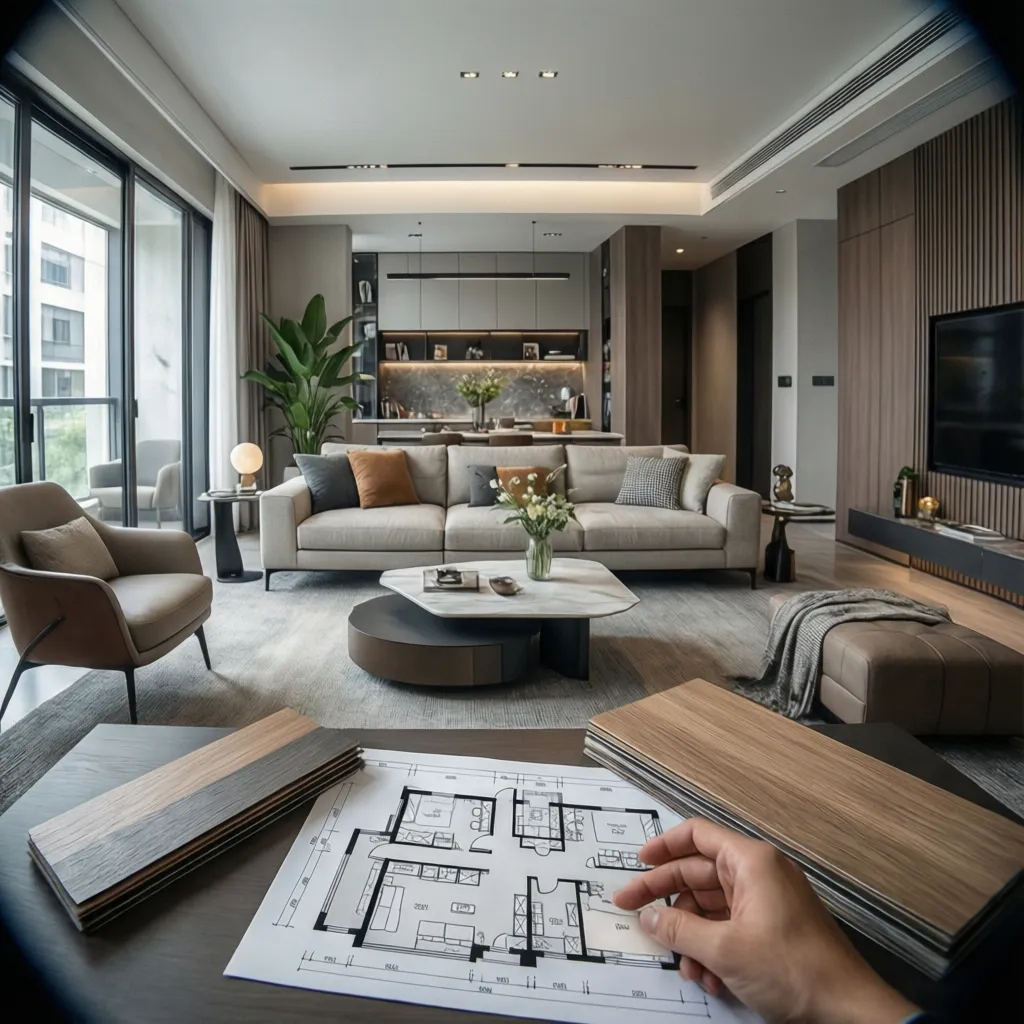 Hand holding paper floor plan over wood samples with modern living room interior design drawing