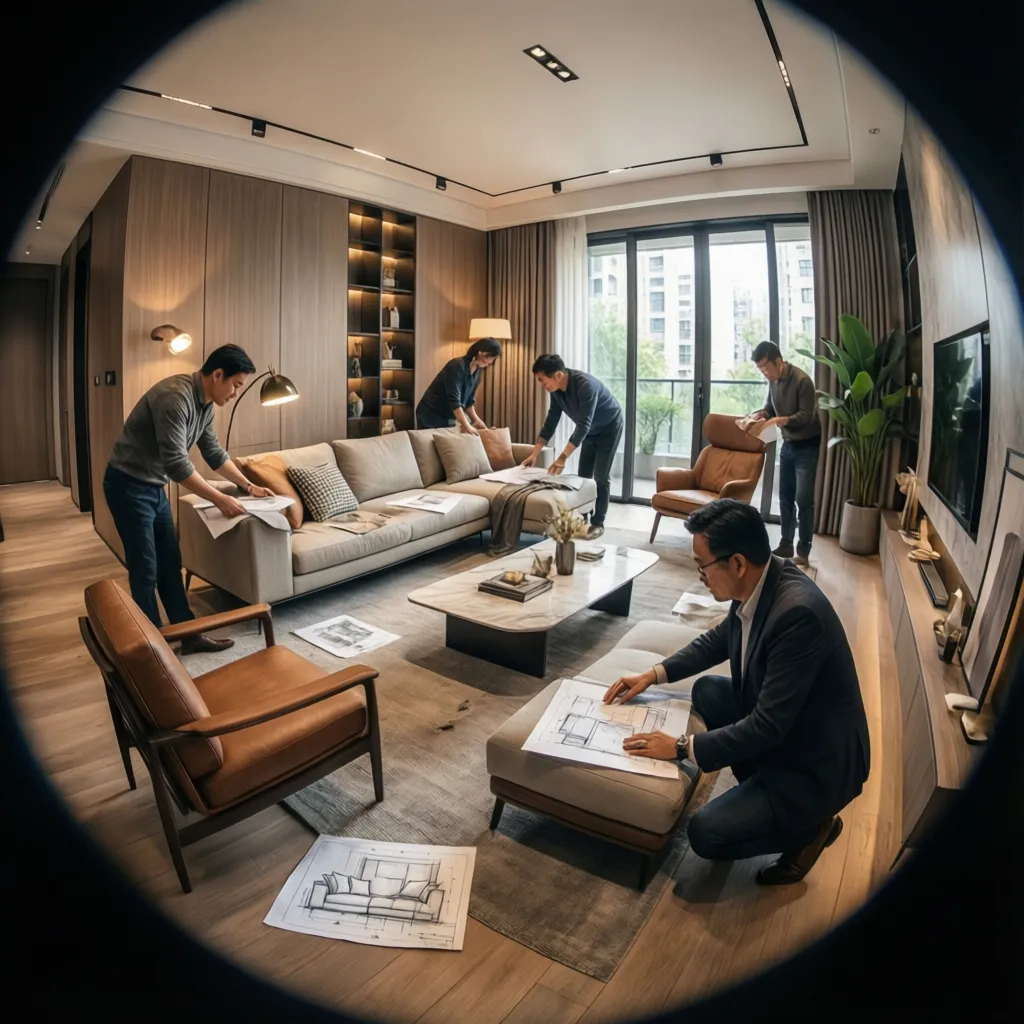 Diseñador de interiores organizando mobiliario en salón moderno