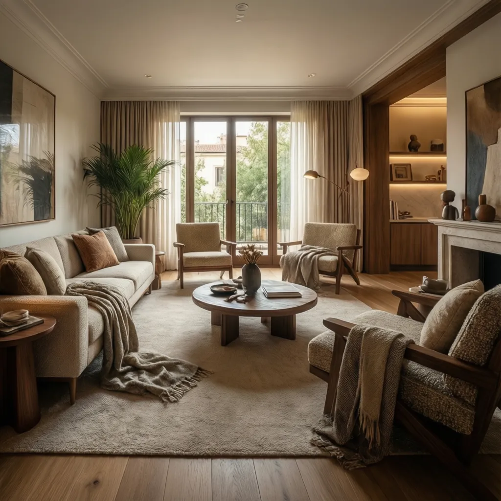 Warm modern living room with beige sofa round wooden coffee table two armchairs and windows