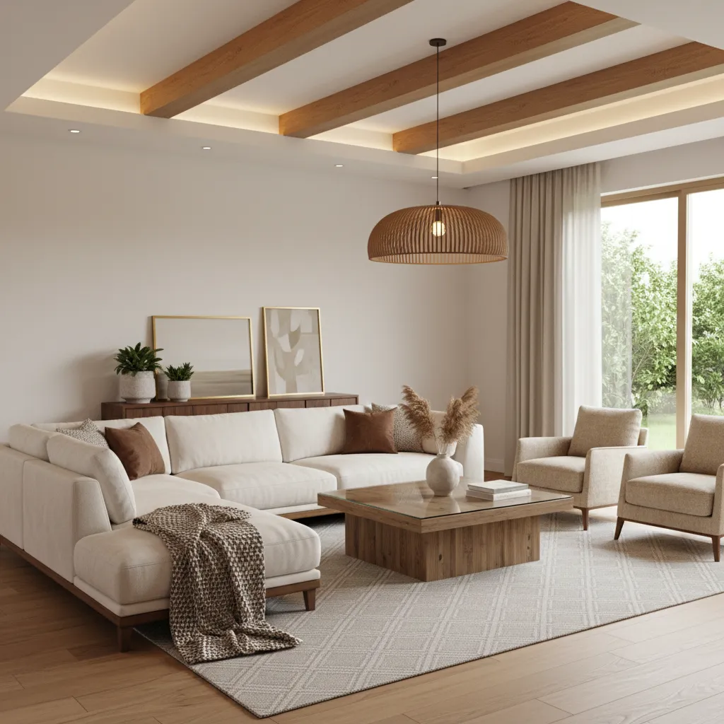 Salón moderno bien diseñado con iluminación, mobiliario y materiales equilibrados