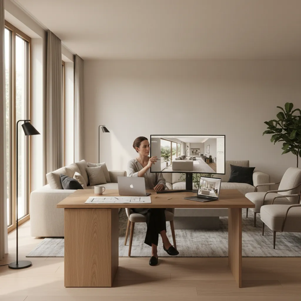 Interior designer working at wooden desk with computer monitor showing 3D room design and laptop