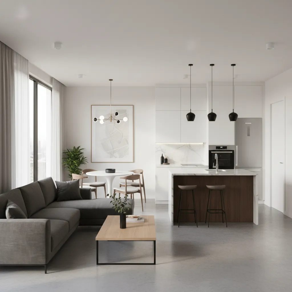 Simulación digital de distribución de muebles en un apartamento pequeño