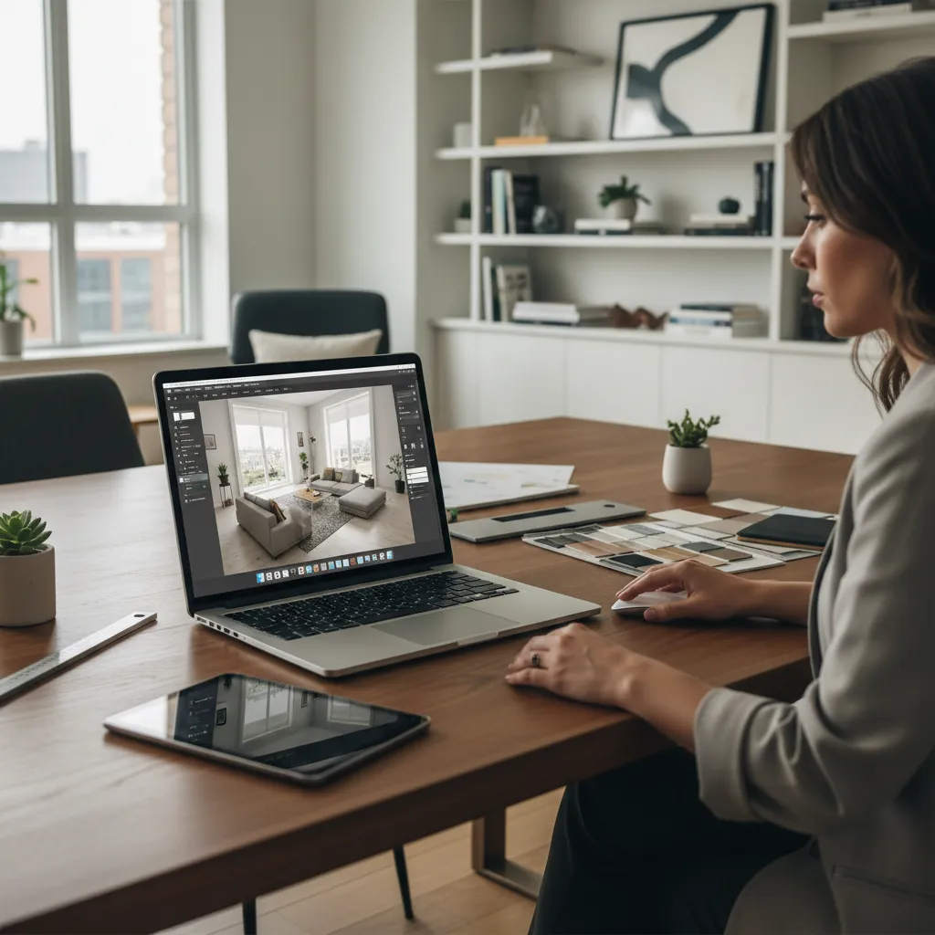 Persona usando un simulador digital para diseñar la distribución de una vivienda