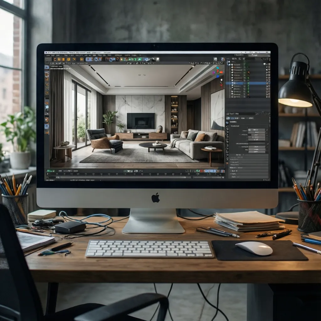 Diseñador creando un modelo 3D de interior en ordenador