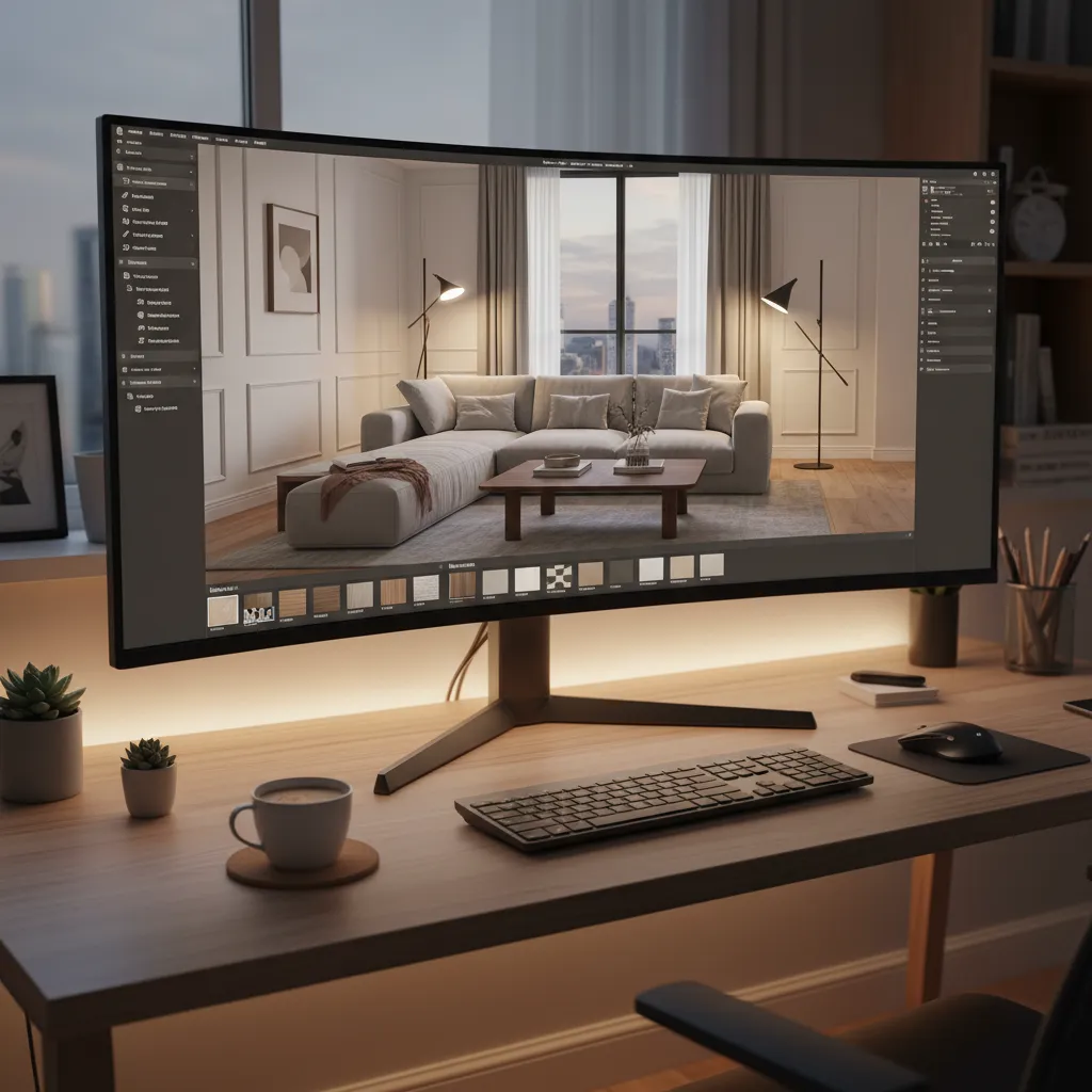 pantalla de ordenador mostrando un modelo 3D de un salón moderno