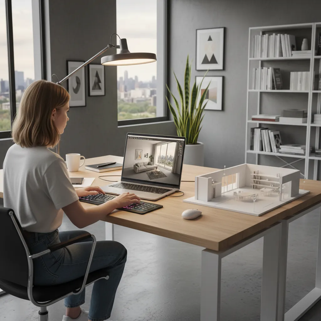 Estudiante creando un modelo 3D de interior en ordenador