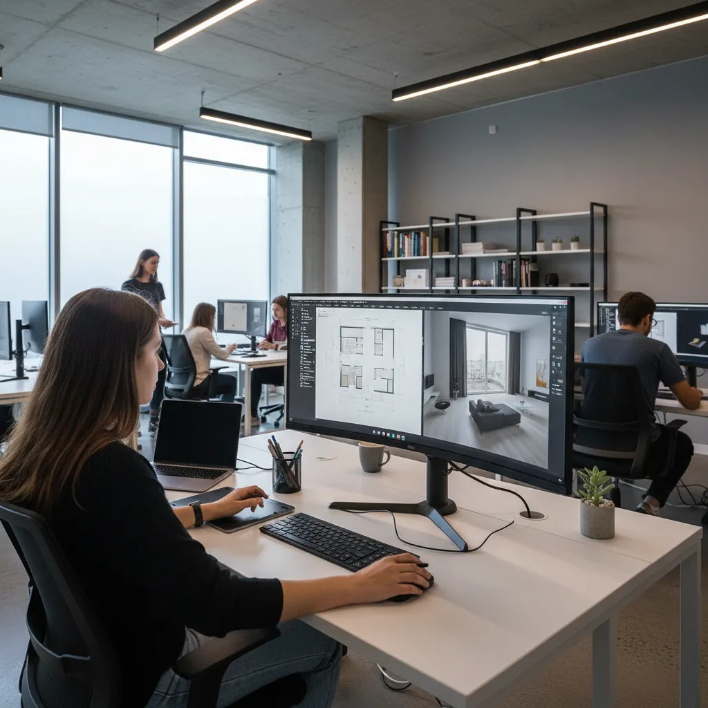 Estudiante trabajando en un modelo 3D de interiorismo en ordenador