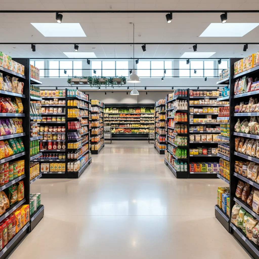 Modern supermarket interior with organized tall black shelves filled with products and bright track ceiling lights
