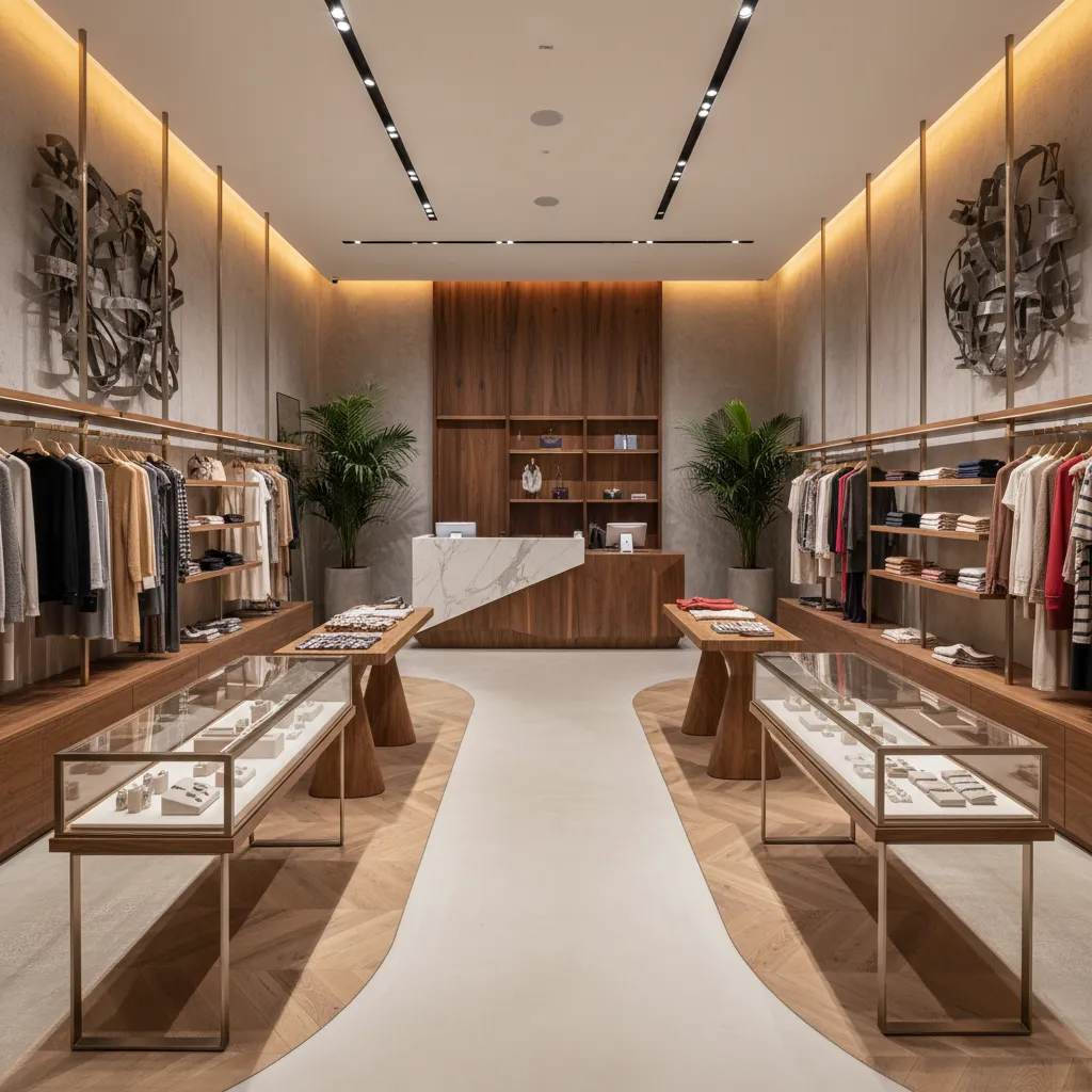 Modern retail clothing store with wood shelving marble counter glass display cases and indoor plants