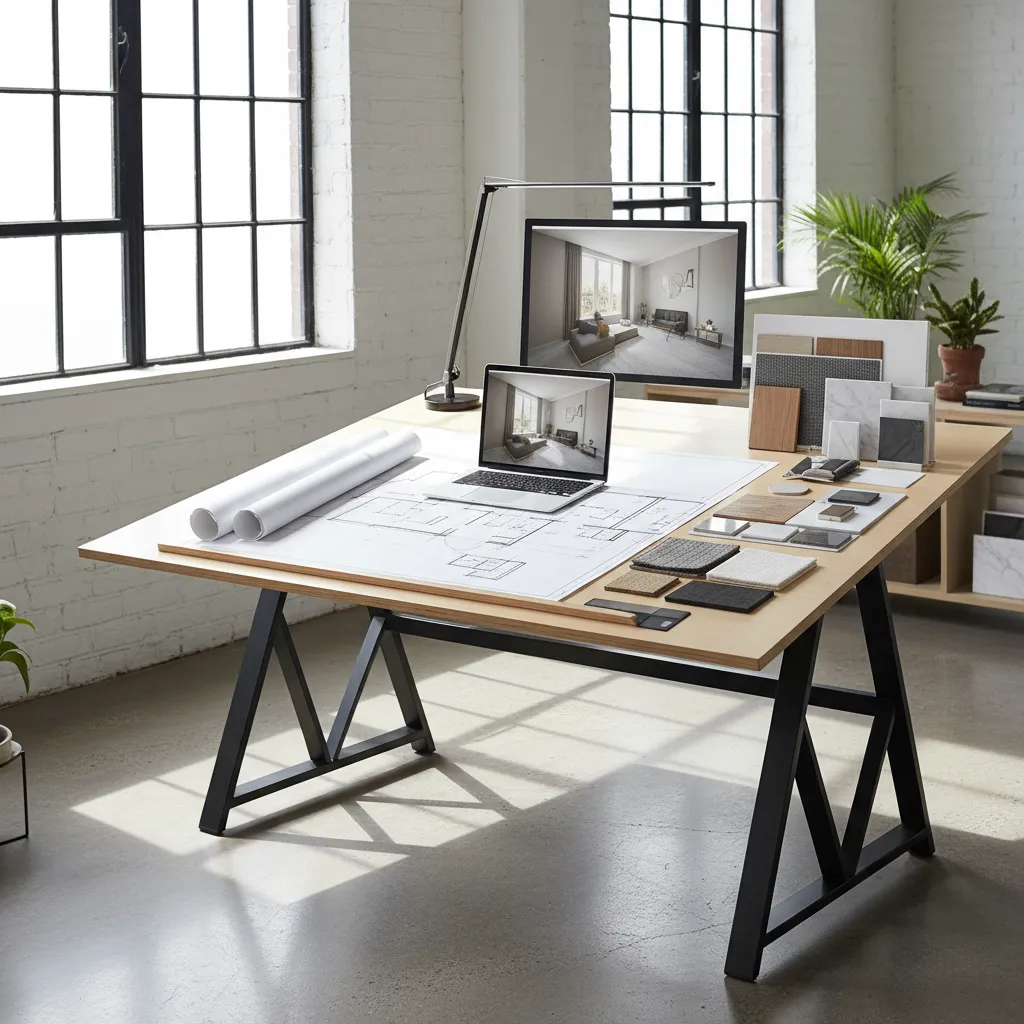 Large wooden desk with laptop and interior design drawing plus material samples near bright large windows
