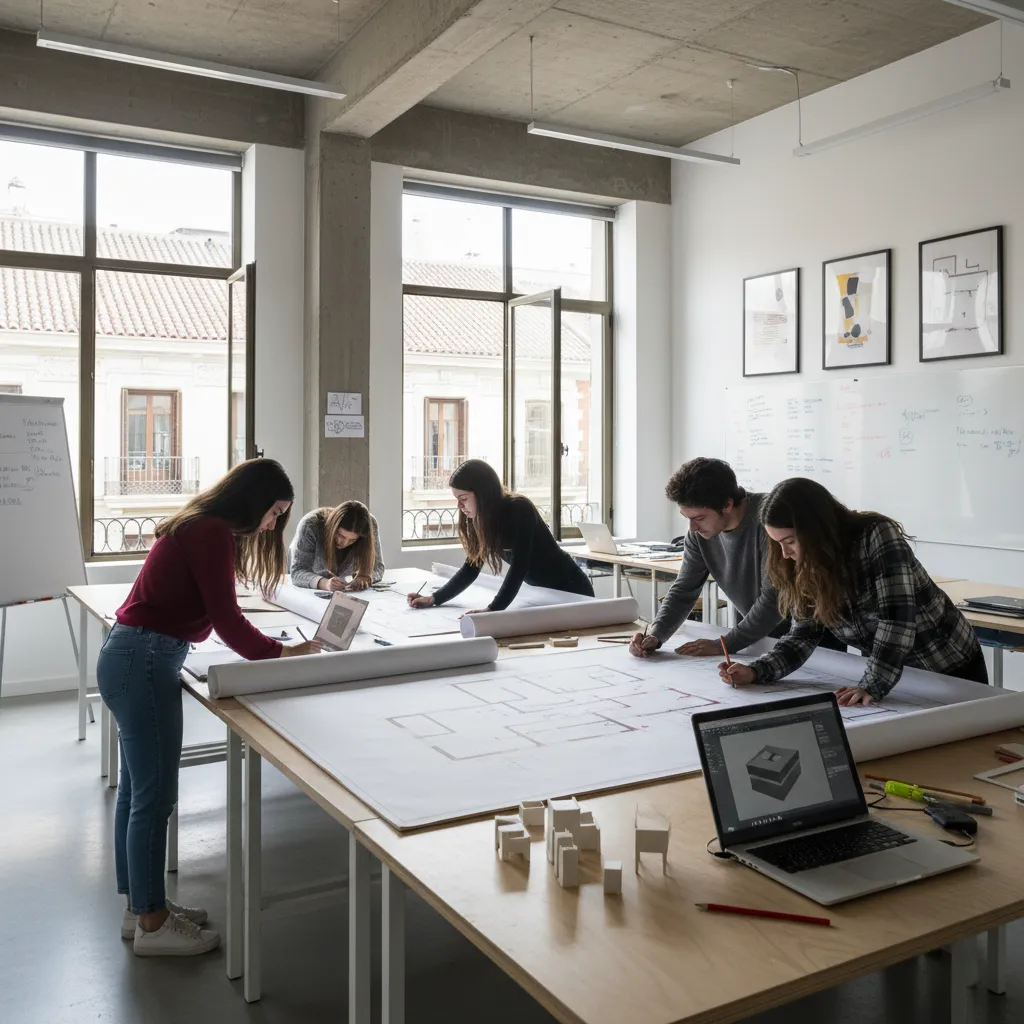 Students working on floor plan drawings in bright studio with laptops and large wooden tables