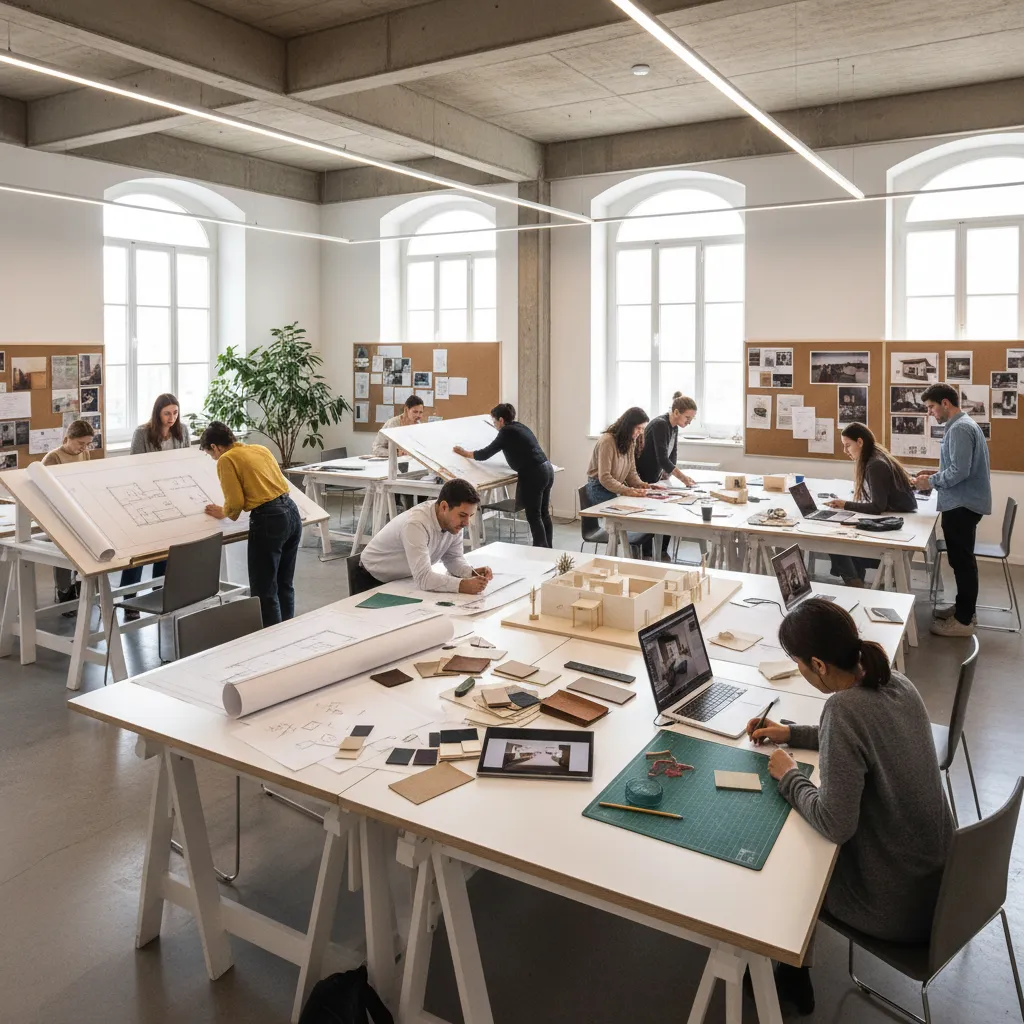 Designers working in bright studio with laptops, room layout drawings, and small house design models