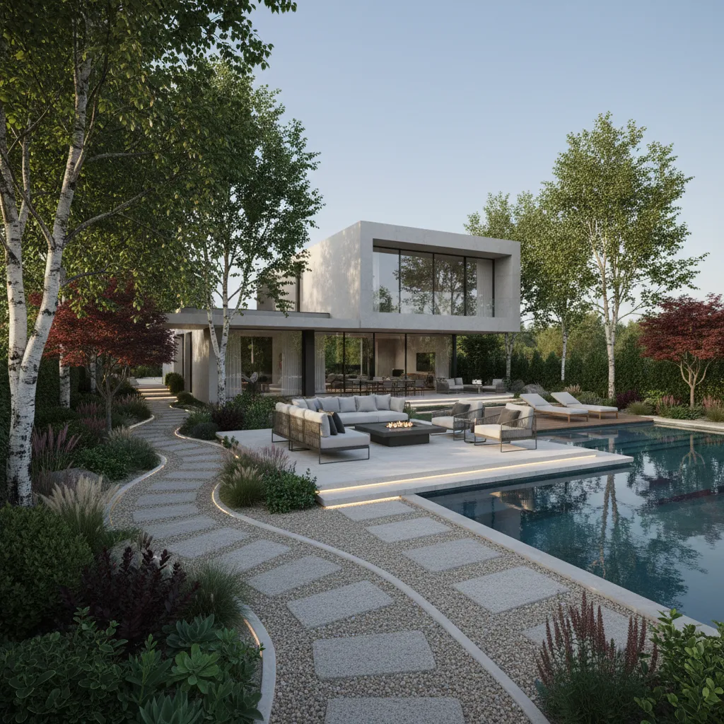 Diseño de jardín y exterior de casa en visualización 3D