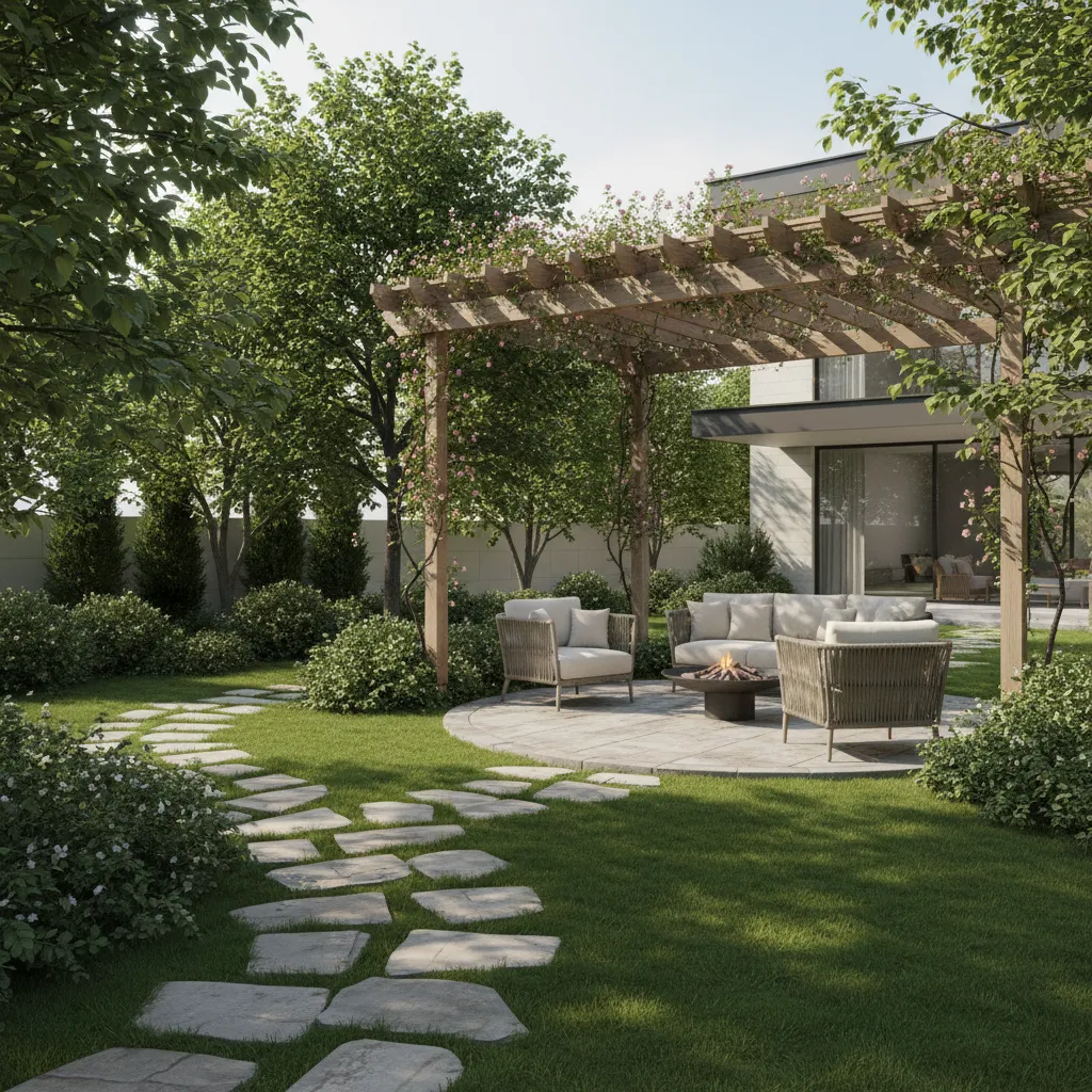 modelo 3D de jardín con árboles caminos y pérgola