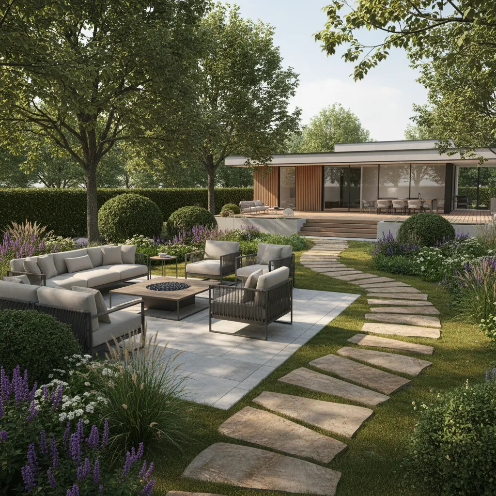 Modern garden design with stone path leading to a patio with grey sofa and trees