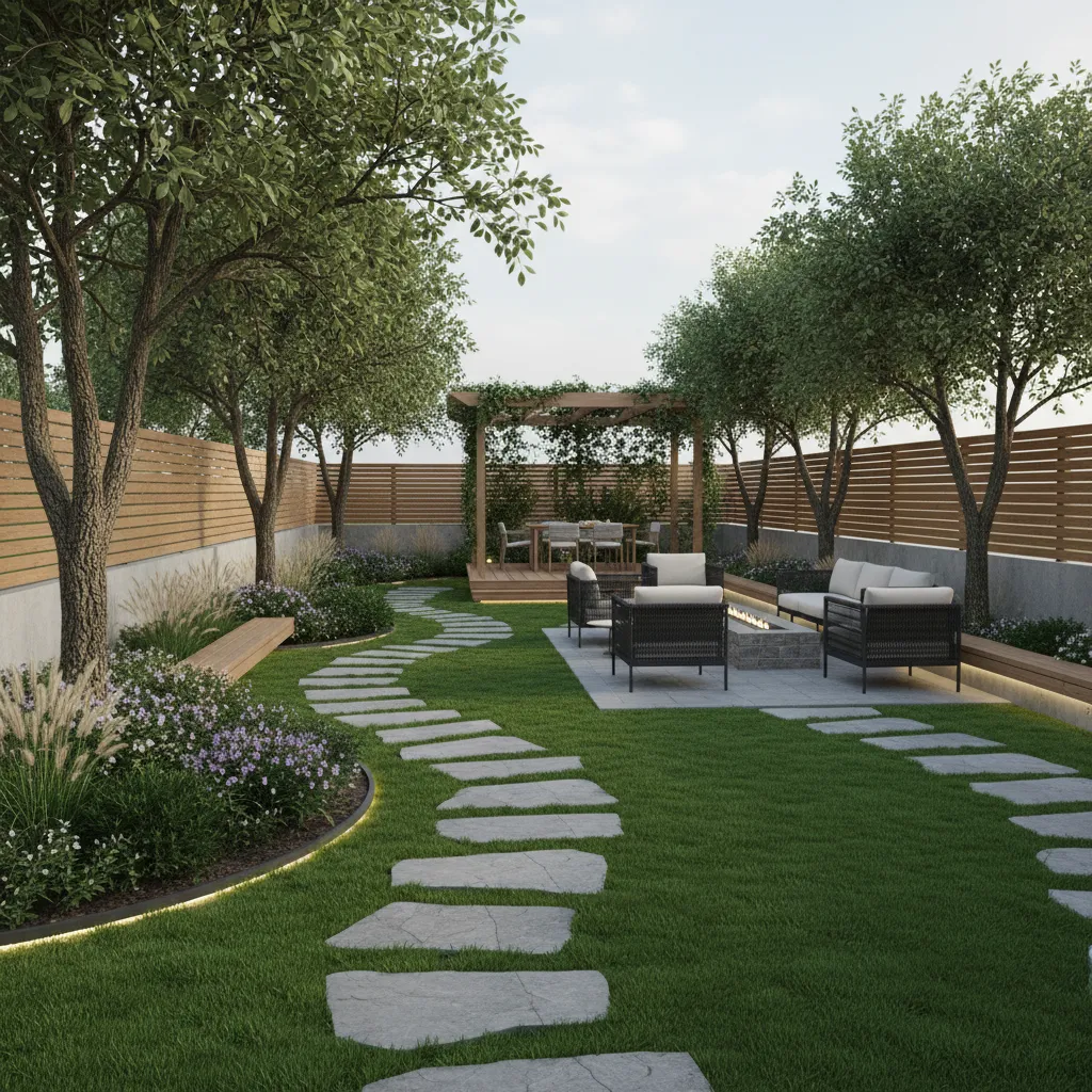 Backyard garden design with stone path leading to a wooden deck and cozy seating area