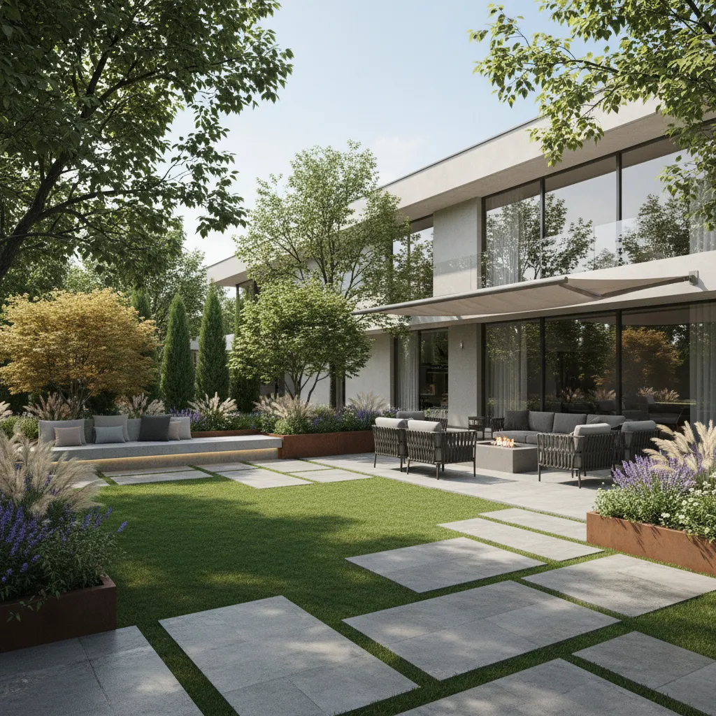 Diseño digital de jardín y patio exterior en software 3D