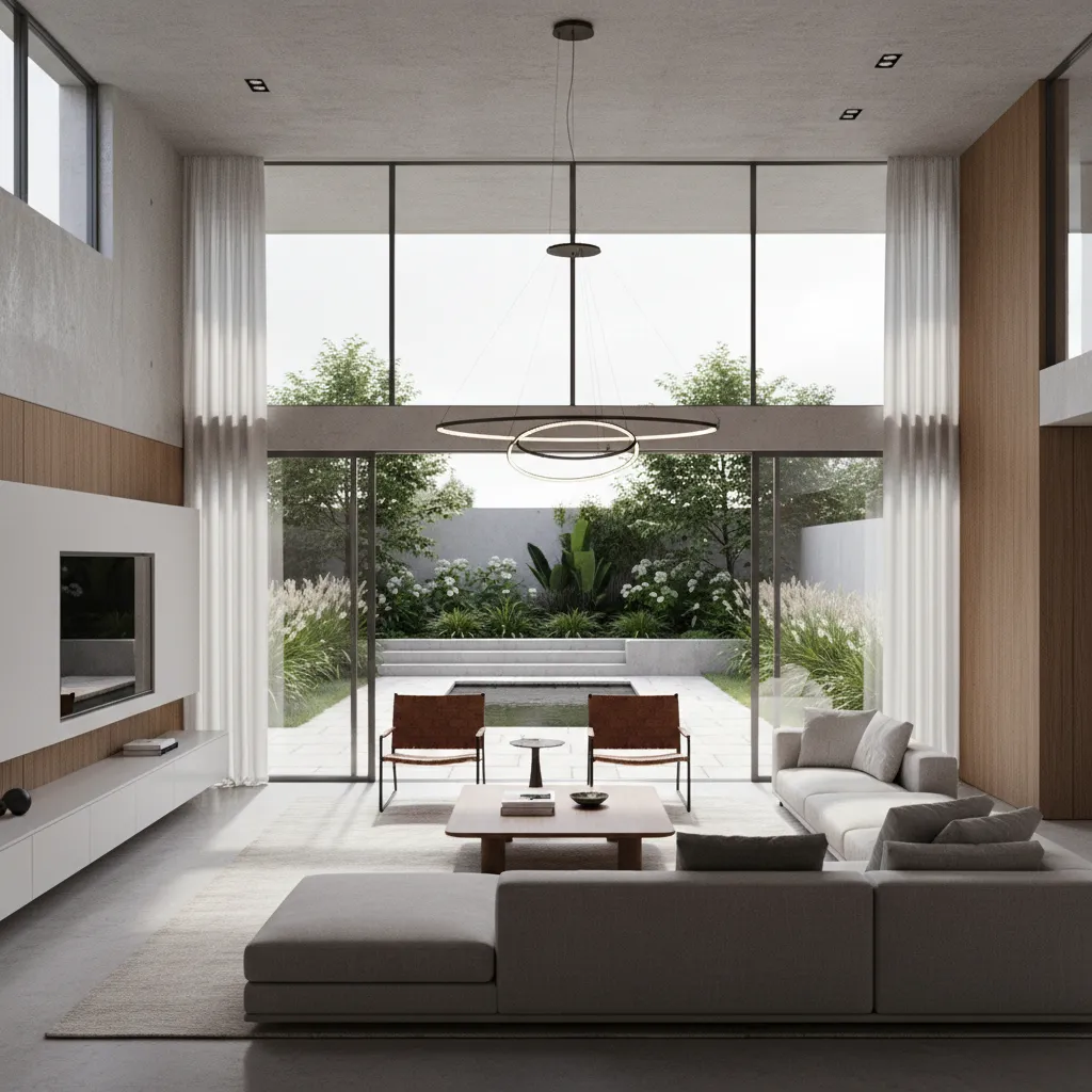 Vista 3D realista de jardín conectado con salón de una casa