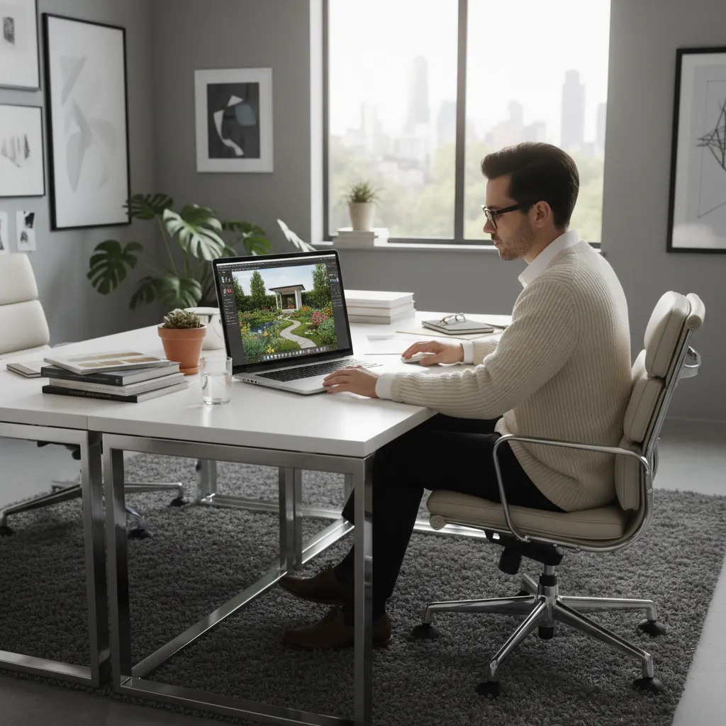 Persona diseñando un jardín en una plataforma digital de planificación 3D