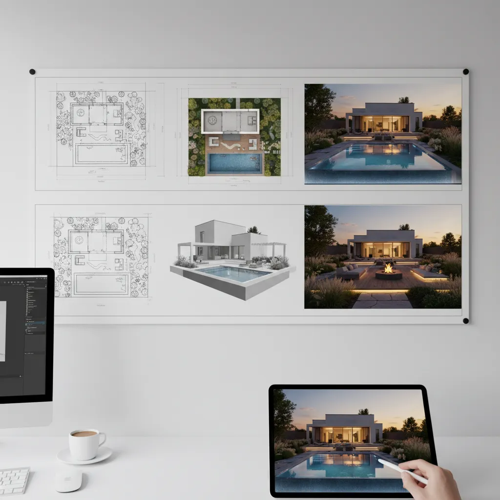 Proceso de diseño de jardín desde un plano inicial hasta visualización 3D