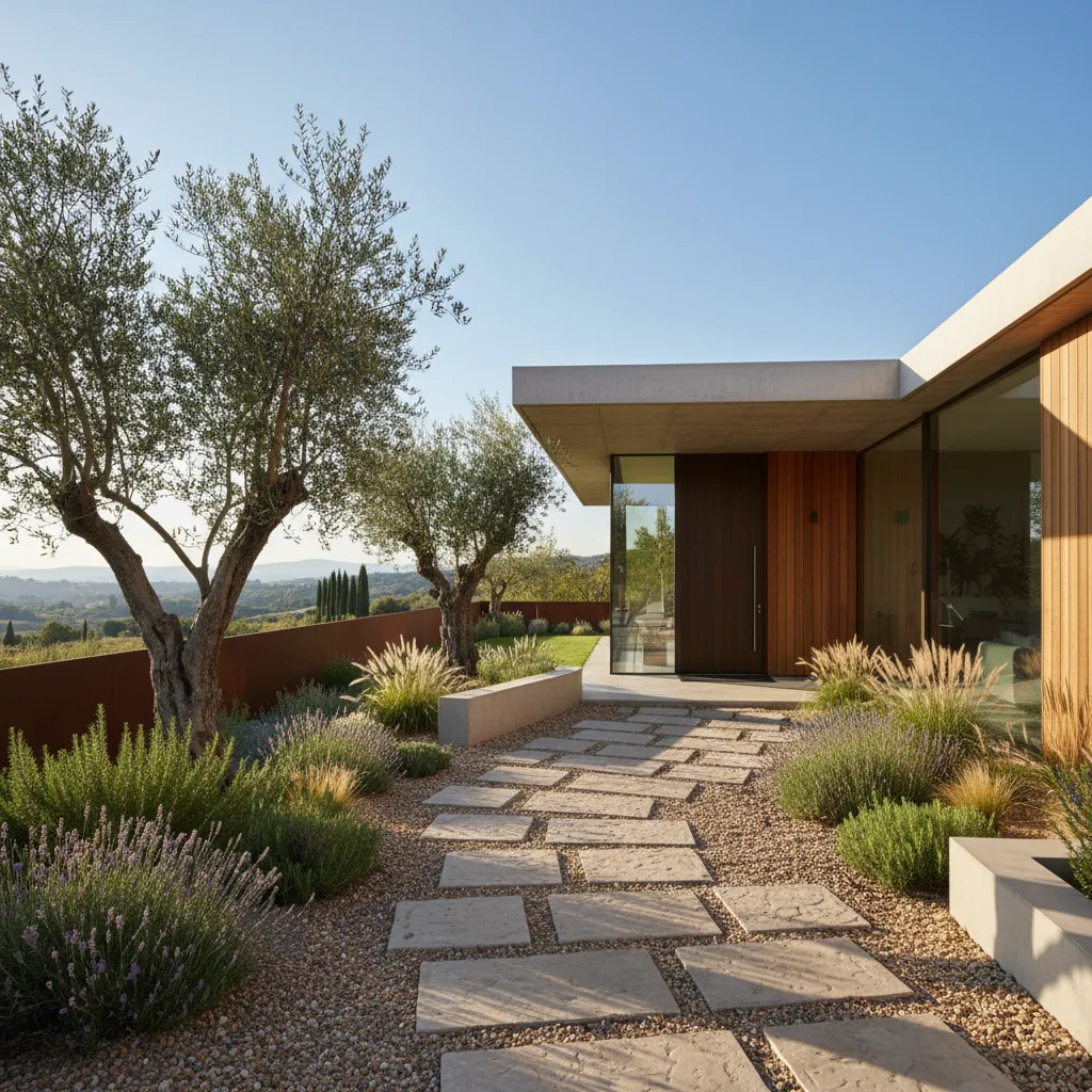 Modern home entrance with wood walls, stone path, lavender plants, olive trees, and mountain views