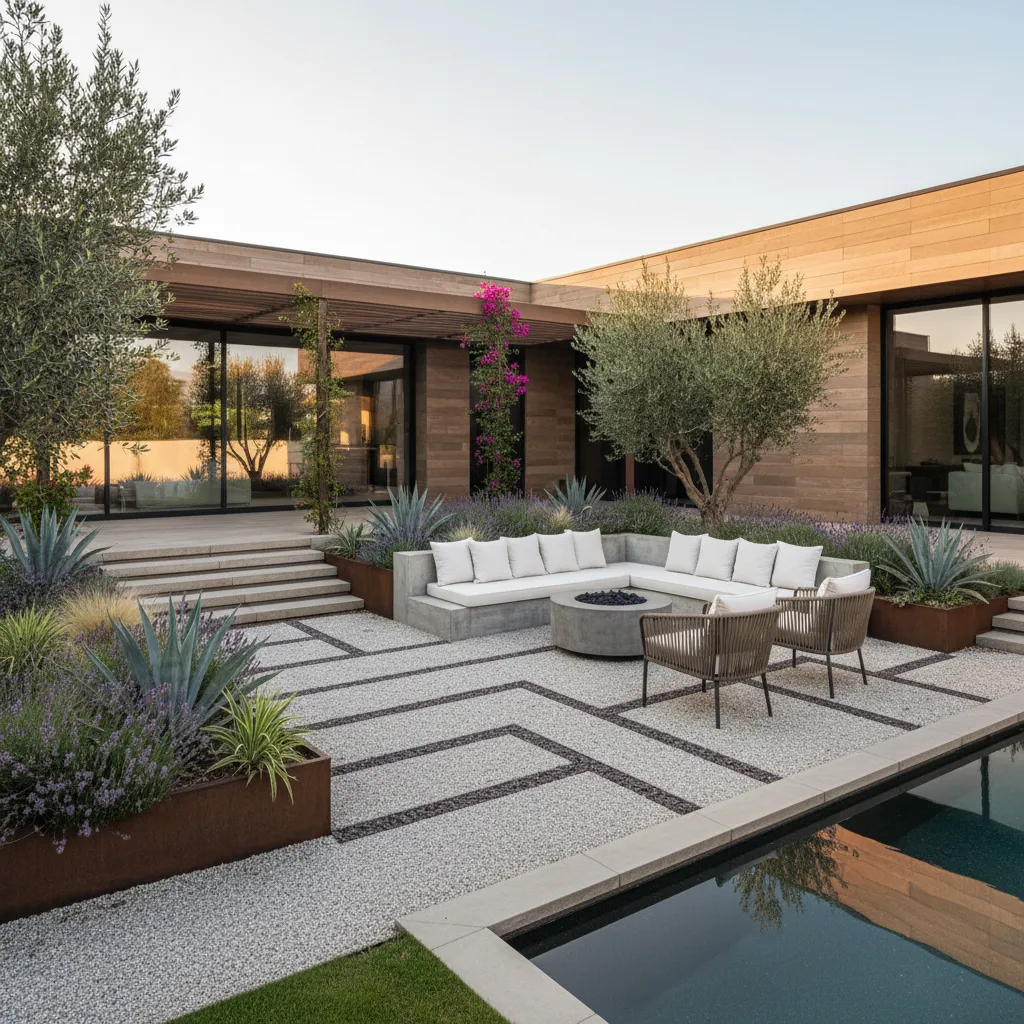 Diseño de jardín moderno en vivienda residencial