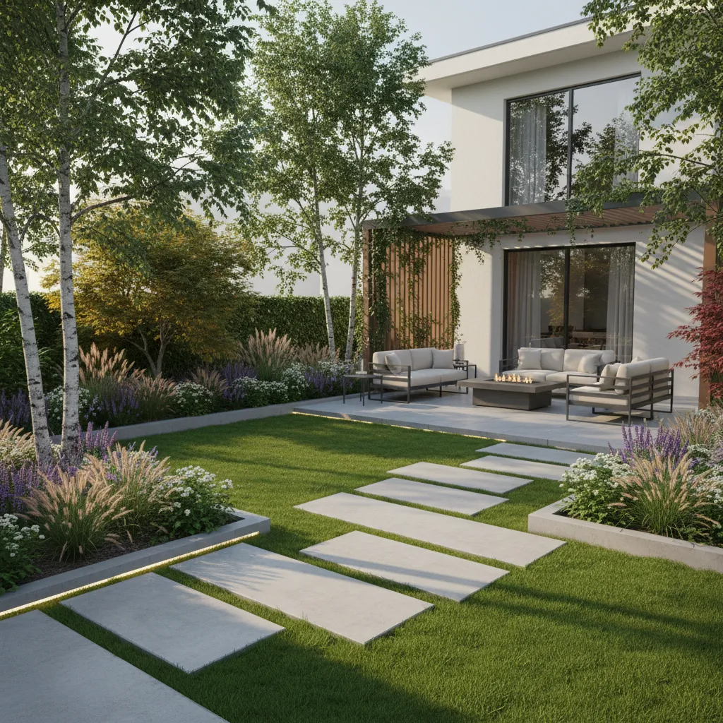 Backyard garden with green lawn stone path sofa seating area fire pit and white house