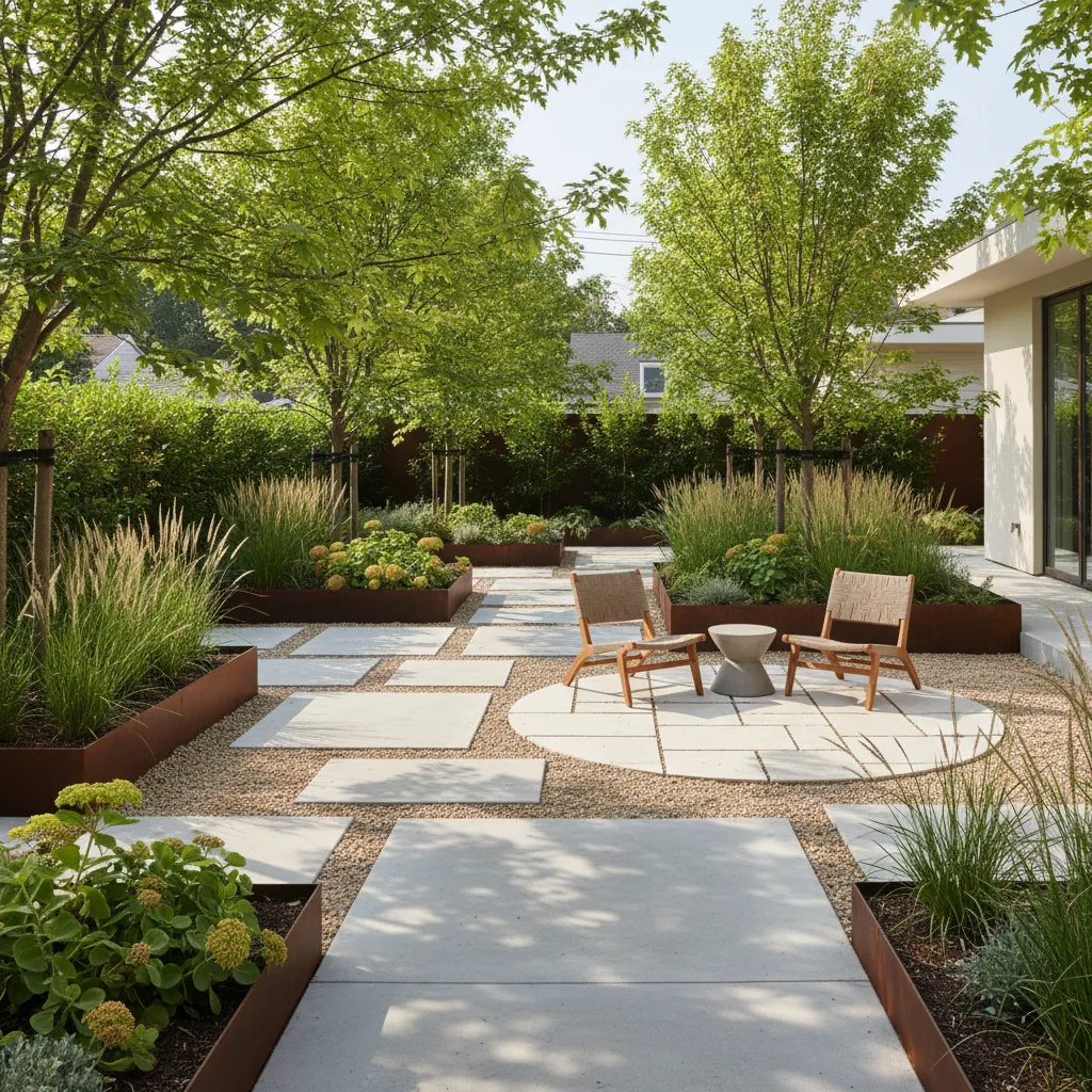 jardín residencial moderno con diseño simple y mantenimiento fácil