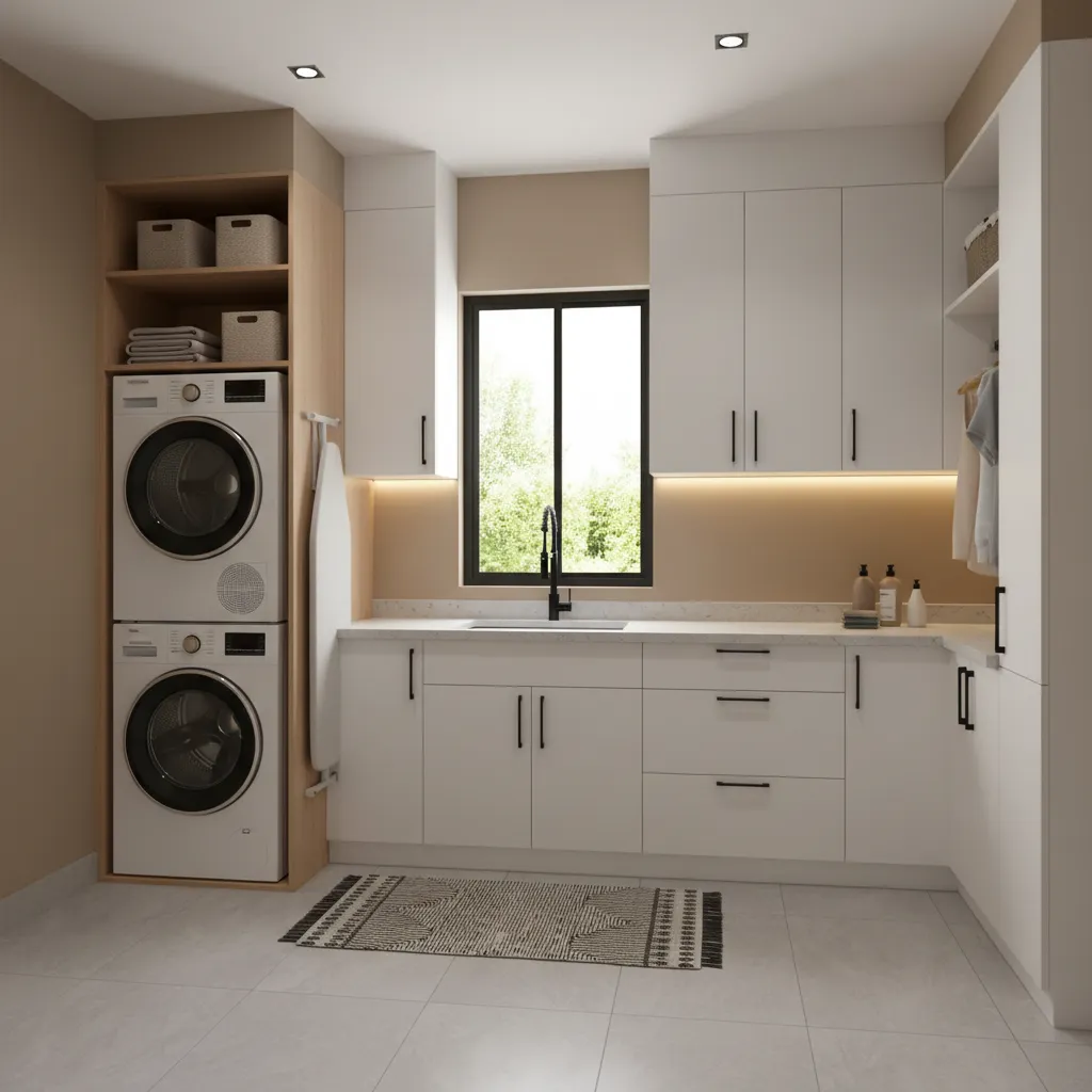 White laundry room featuring stacked washer dryer sink window wooden shelves and a patterned rug