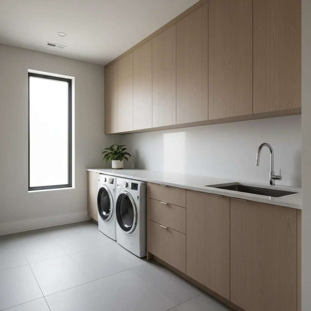 Modern laundry room with wooden cabinets white countertop sink two washing machines and a tall window