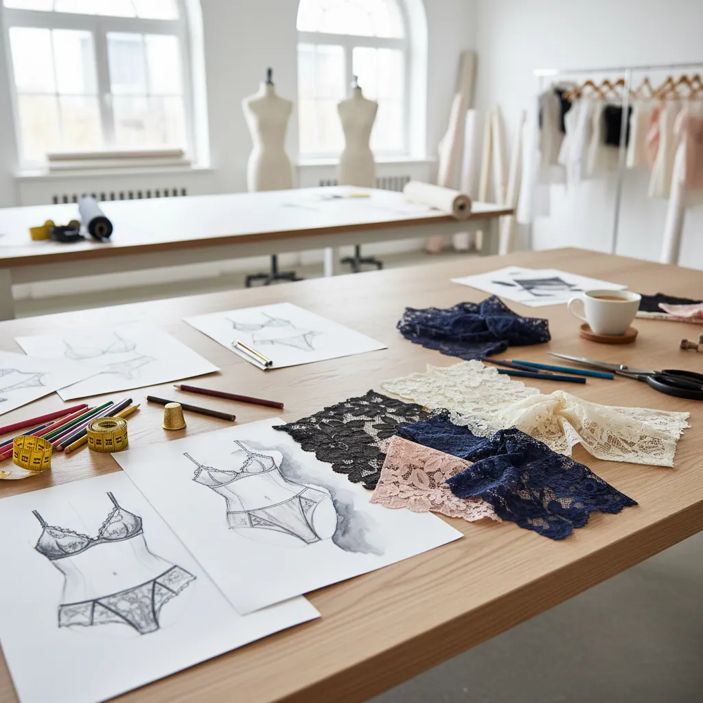Bocetos de diseño de ropa interior sobre mesa de trabajo
