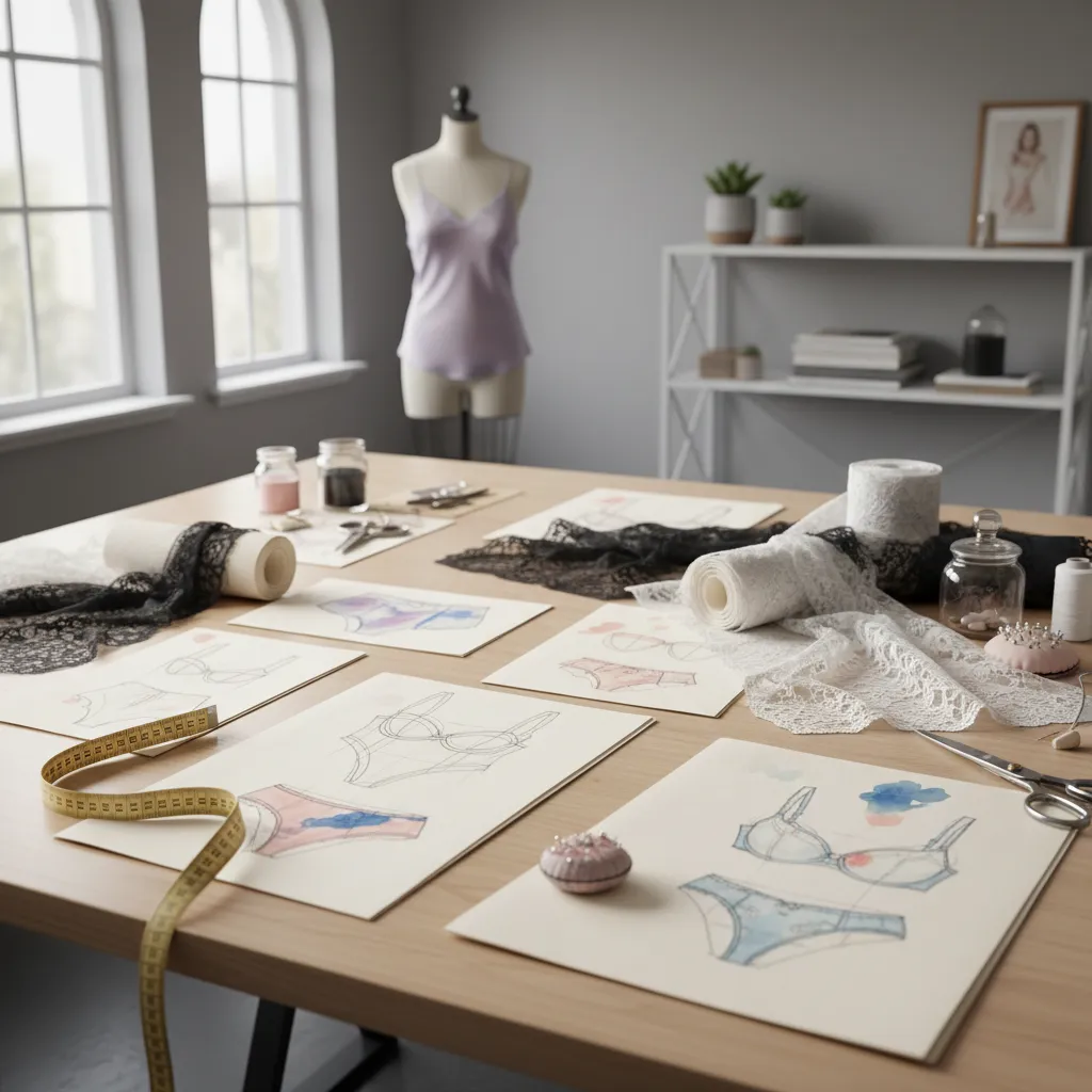 Several lingerie design sketches, lace rolls, and yellow measuring tape on a large wooden desk