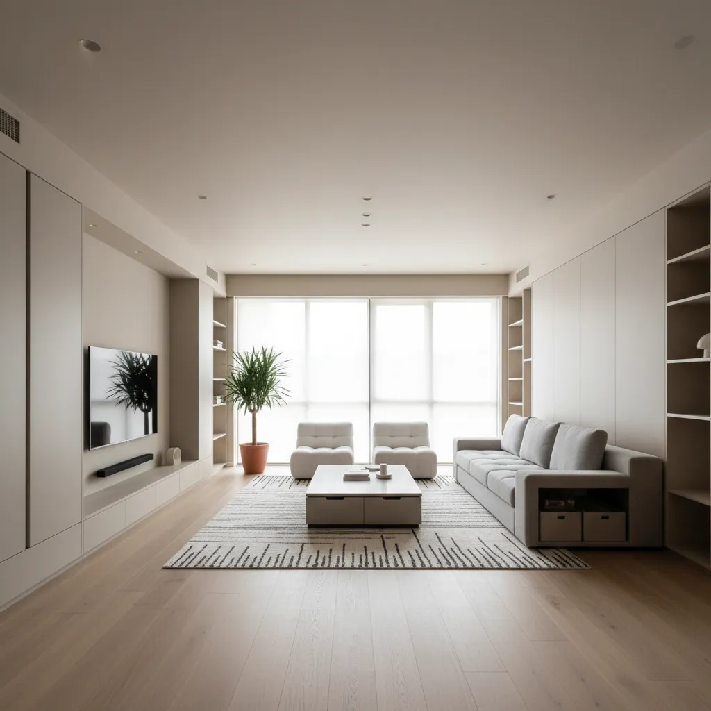 Modern minimalist living room with grey sofa wooden floor large window and tall potted plant