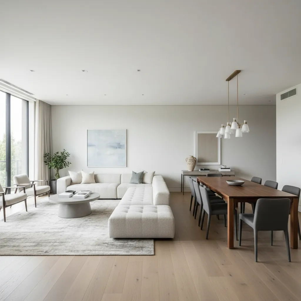 Modern living room with white sectional sofa wooden dining table grey chairs and a light