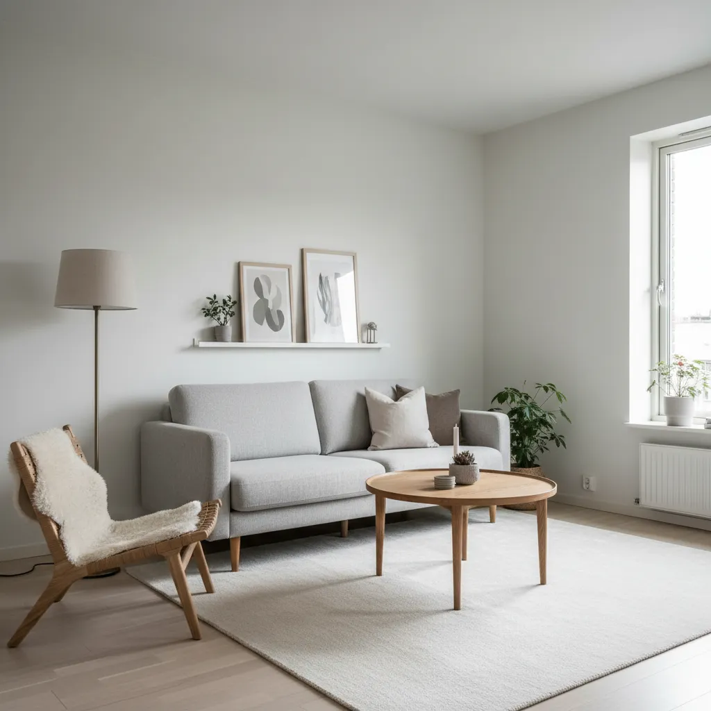 Living pequeño bien diseñado con muebles proporcionales y buena circulación