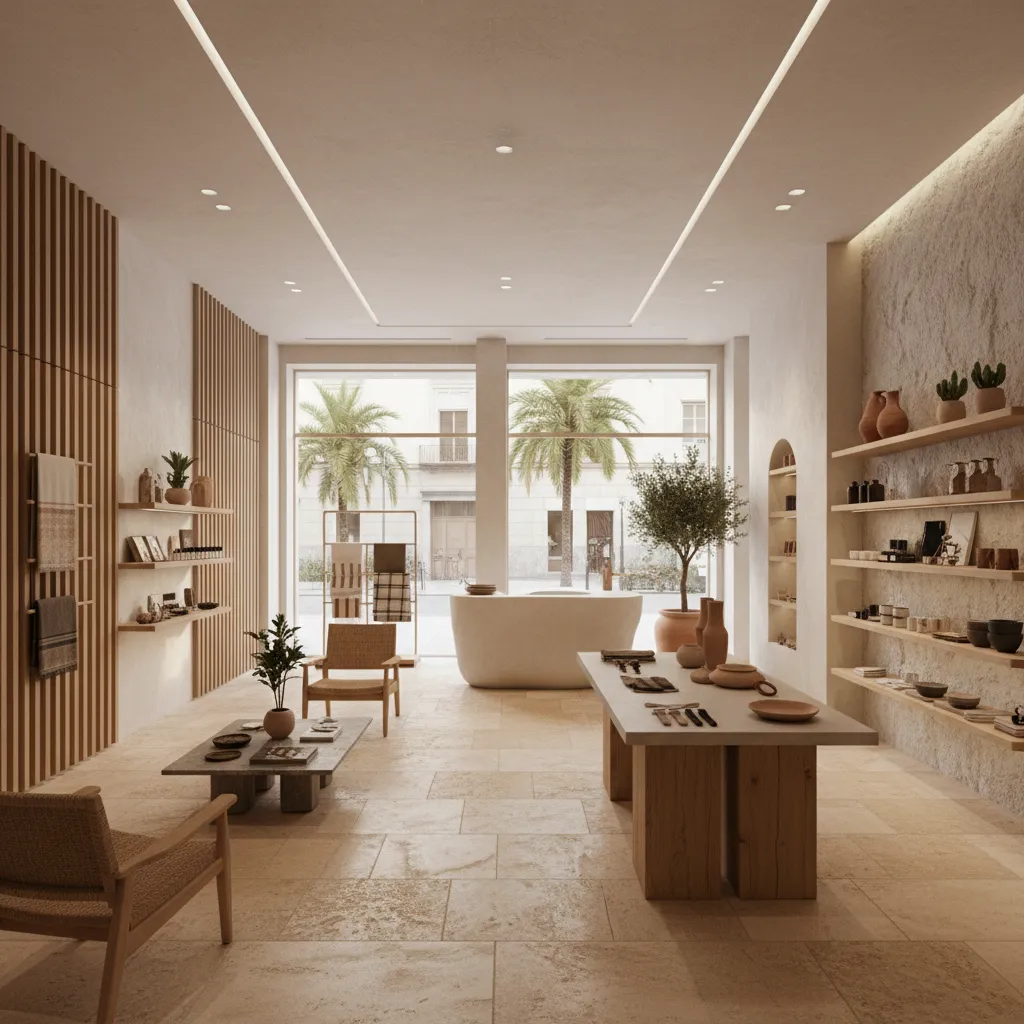 Warm retail shop interior with stone tile flooring wooden furniture shelves and palm tree views