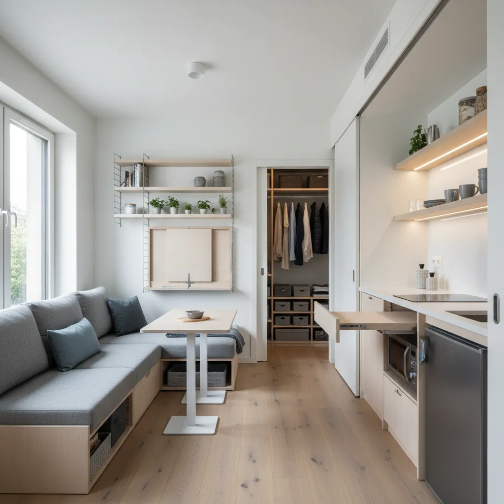 Interior de microvivienda bien optimizada con mobiliario multifuncional