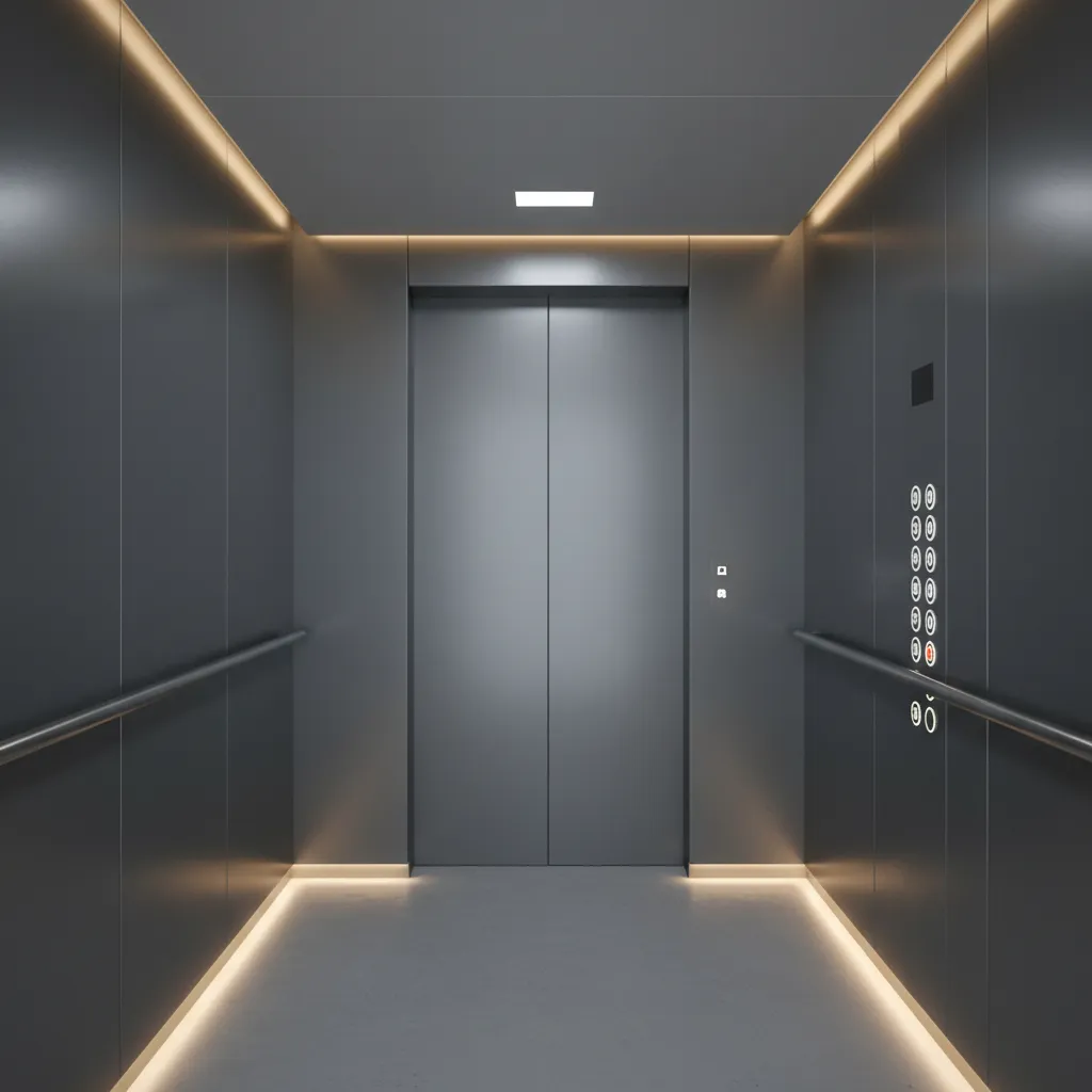 Ascensor minimalista con paneles grises y luz perimetral