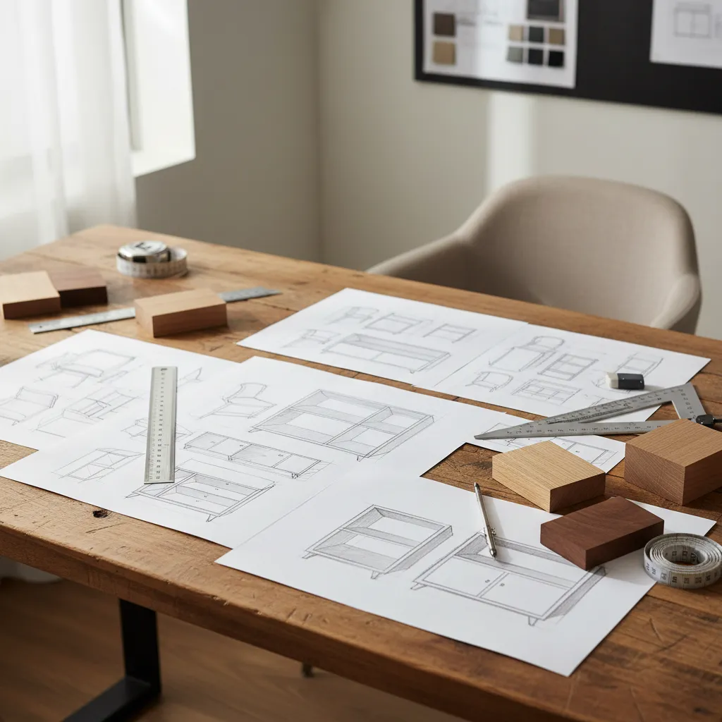 Bocetos de diseño de mobiliario sobre mesa de trabajo con herramientas de diseño