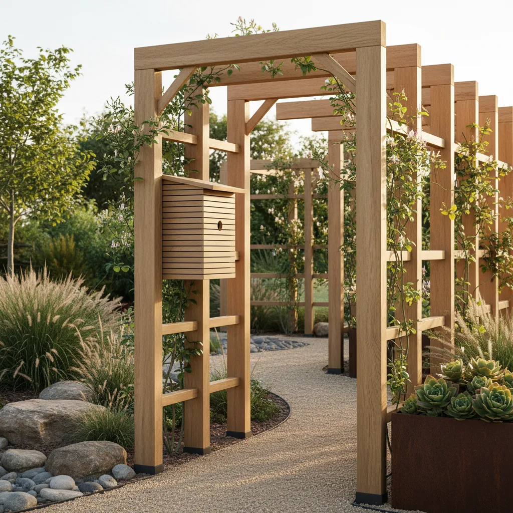 Modern wooden birdhouse mounted on a garden large frame with green plants and gravel path