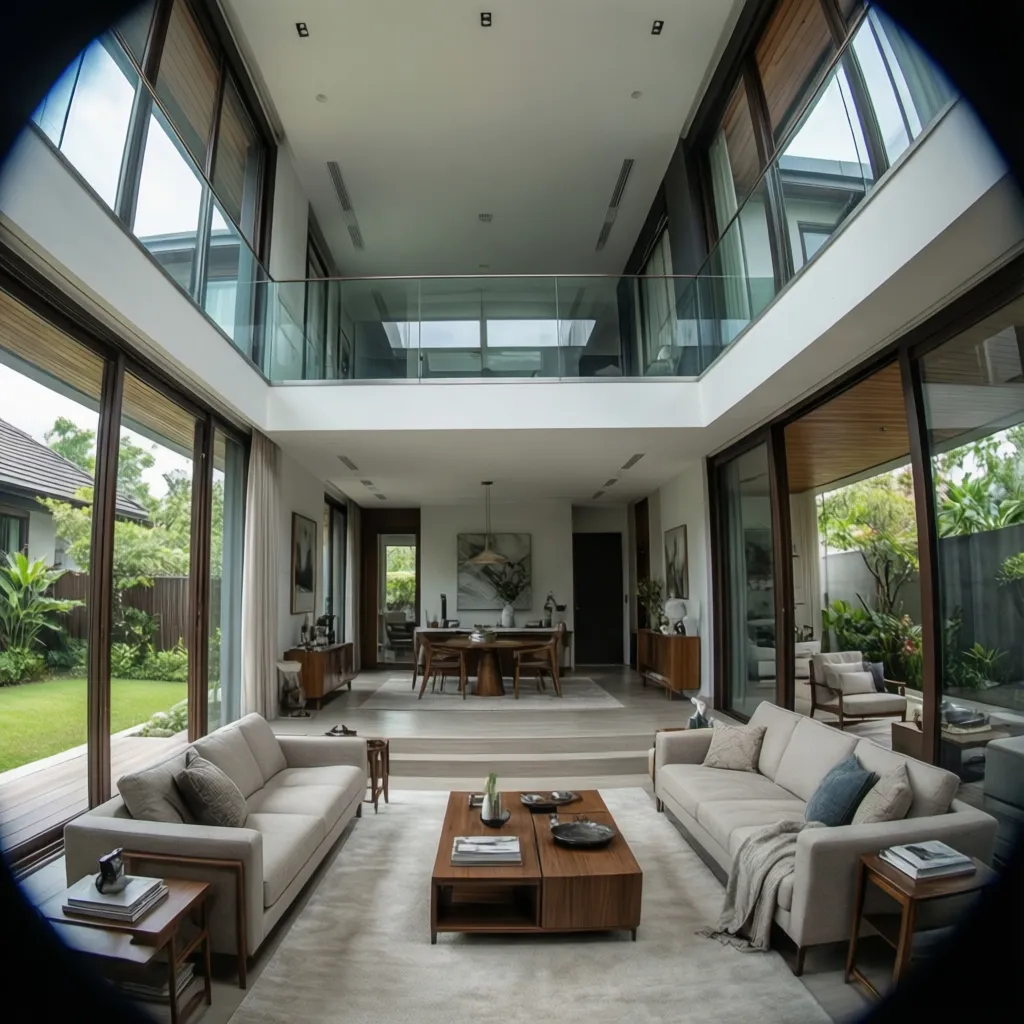 Modern double height living room with two grey sofas wooden coffee table and large glass windows